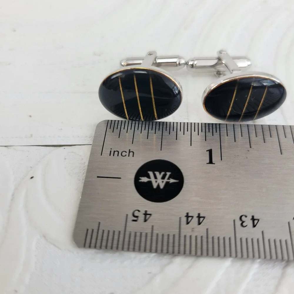 Vintage Black Enamel‎ Oval Cufflinks Gold Silver Tone Formal Onyx Style